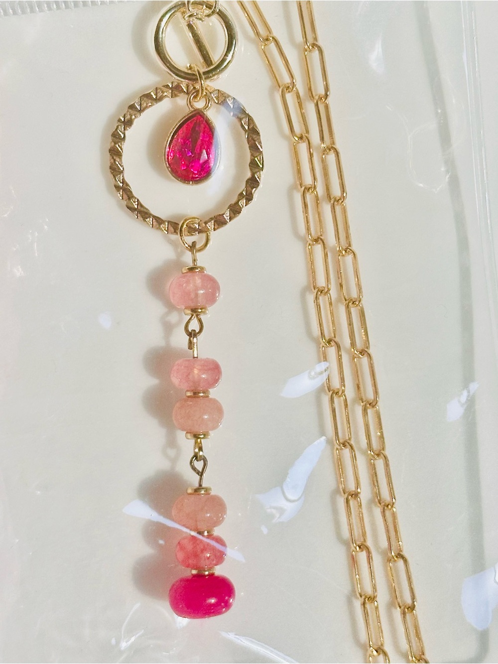 Gold-Tone Necklace with Pink Beads and Fuchsia Teardrop Pendant
